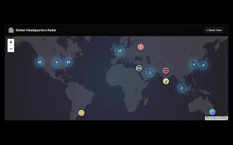 Interactive Global Headquarters Radar Map Pinpointing Tech Giants