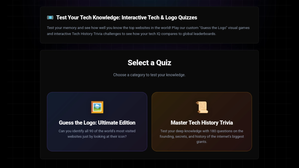 Interactive Tech Logo and Trivia Quiz Interface on TopWebsites.world